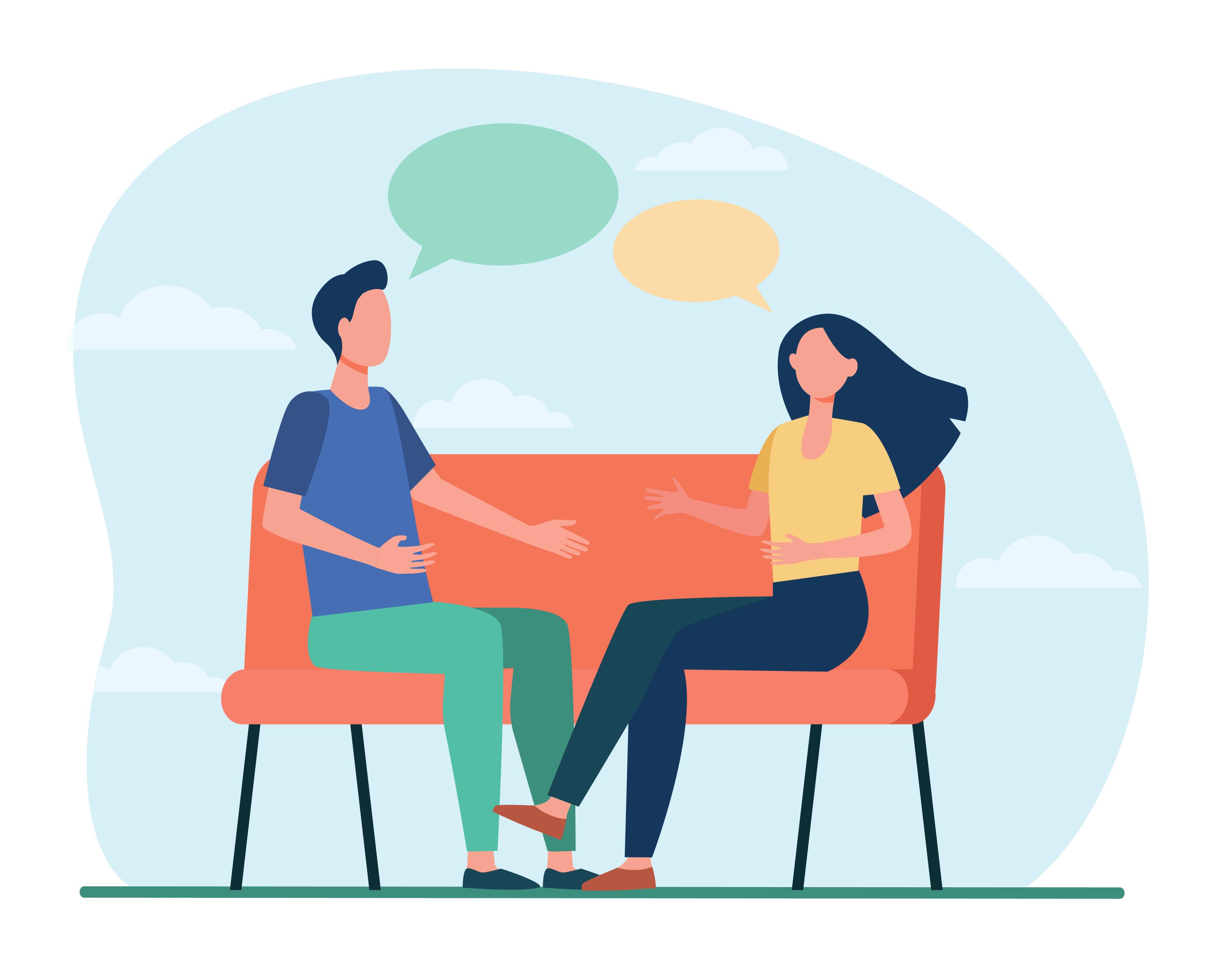 Colorful illustration of a couple playing the 21 questions game on a couch