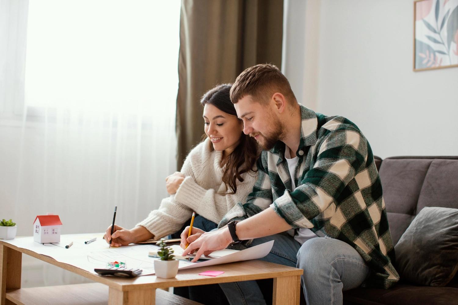 A couple sitting at a coffee table and writing down their goals for the New Year, which is part of the goal setting for couples ritual.