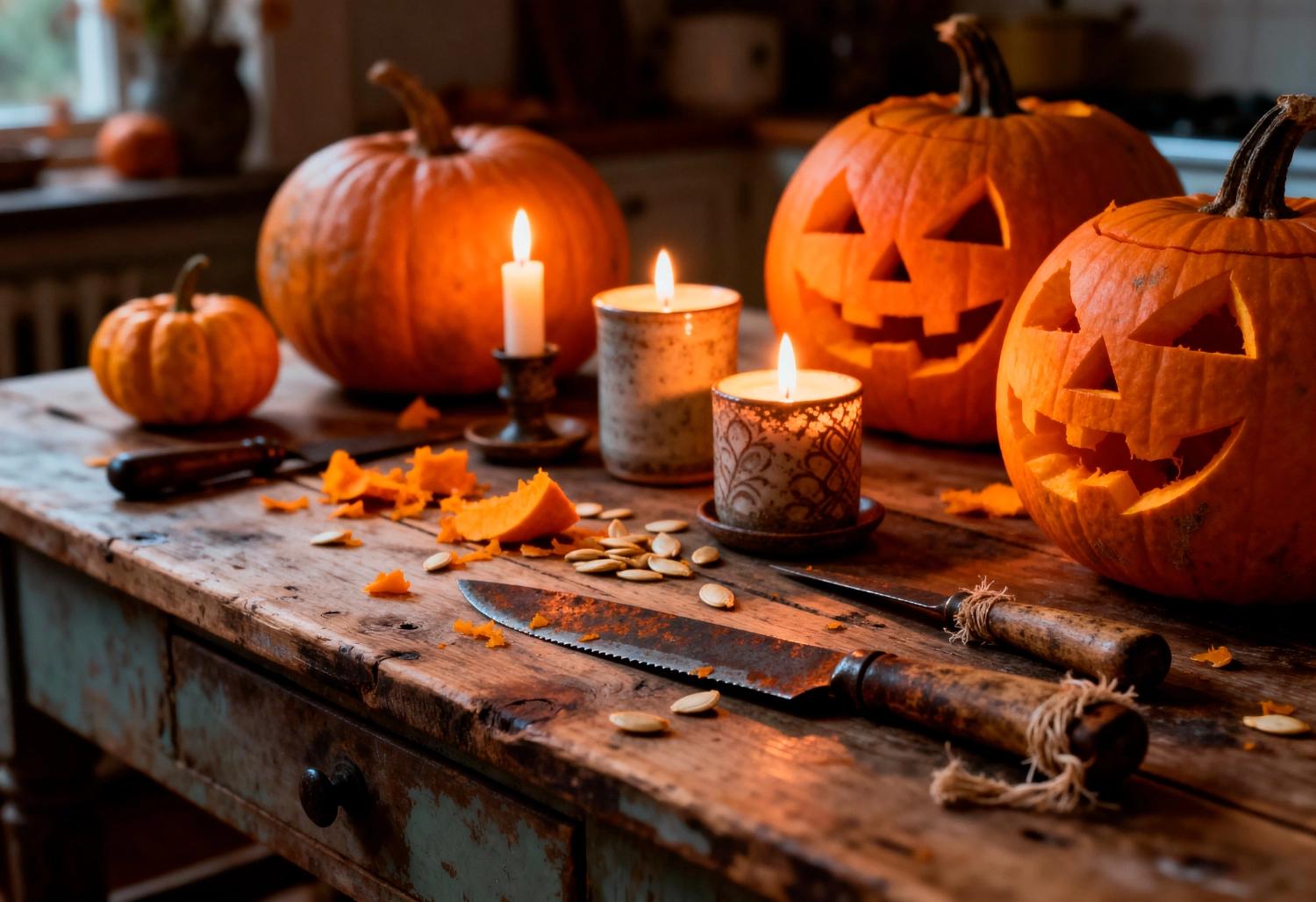 Wydrążone dynie i noże na drewnianym stole, zabawna aktywność halloweenowa dla par.
