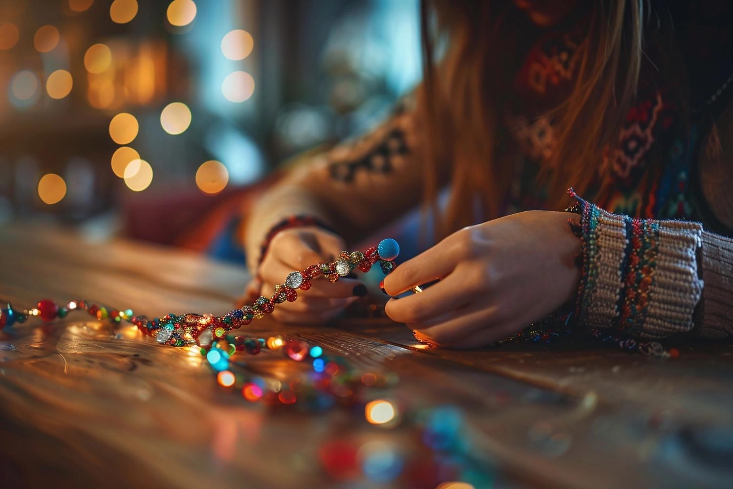 A woman handcrafting a bracelets made of eye-colors beads, which is one of the best long distance relationship gifts.
