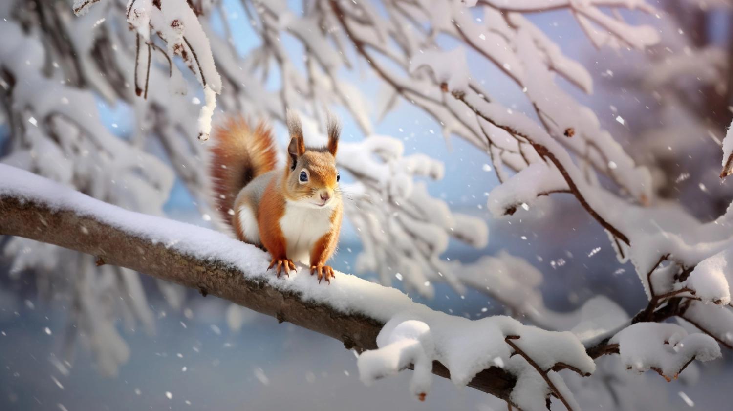 A squirrel perched on a snowy branch as if it's watched by someone, a representation of wildlife watching during snow, one of the best outdoor activities for couples.