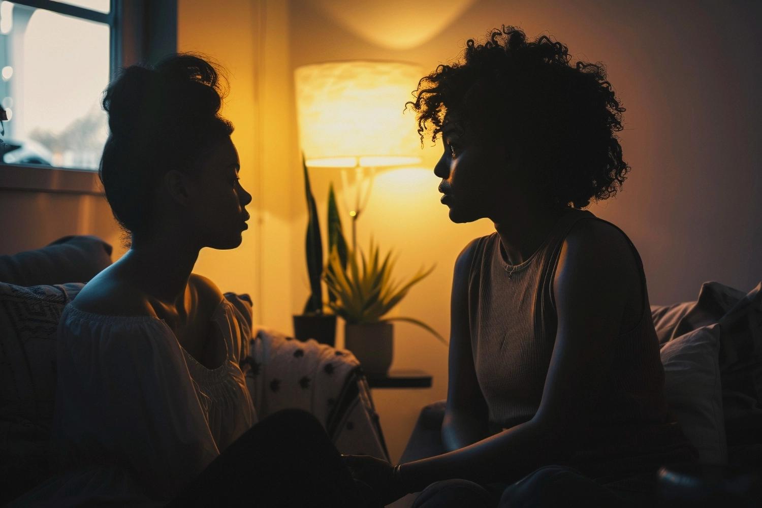 Two women sitting in the dark and asking each other deep and meaningful questions for couples.