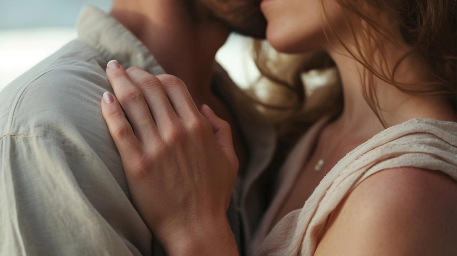 A close-up of a couple hugging and getting intimate, showing how asking the right questionf for couples can improve intimacy between partners.