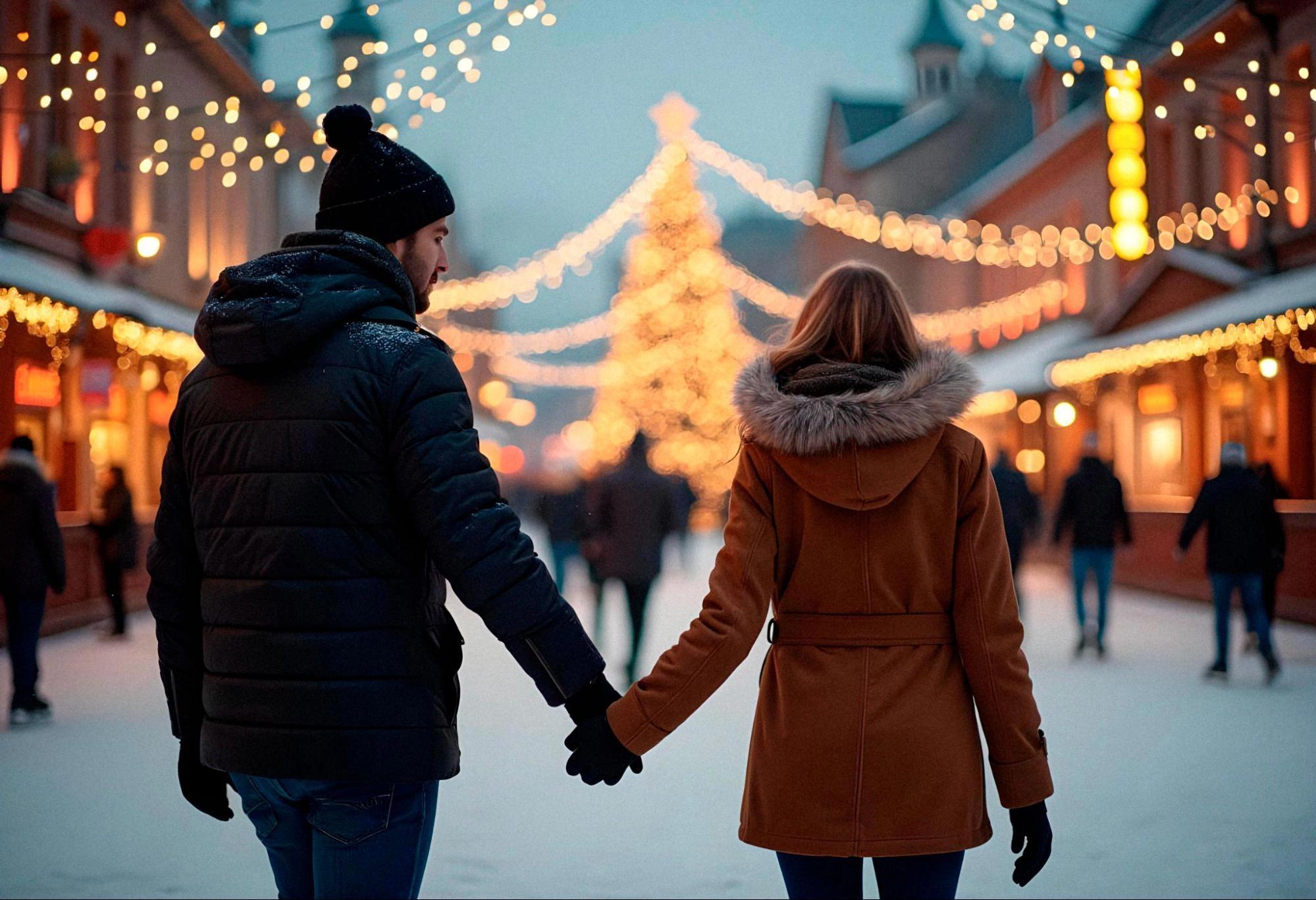 A couple holding hands while walking through a Chrsitmas market, which is one of the best winter date activities for couples.
