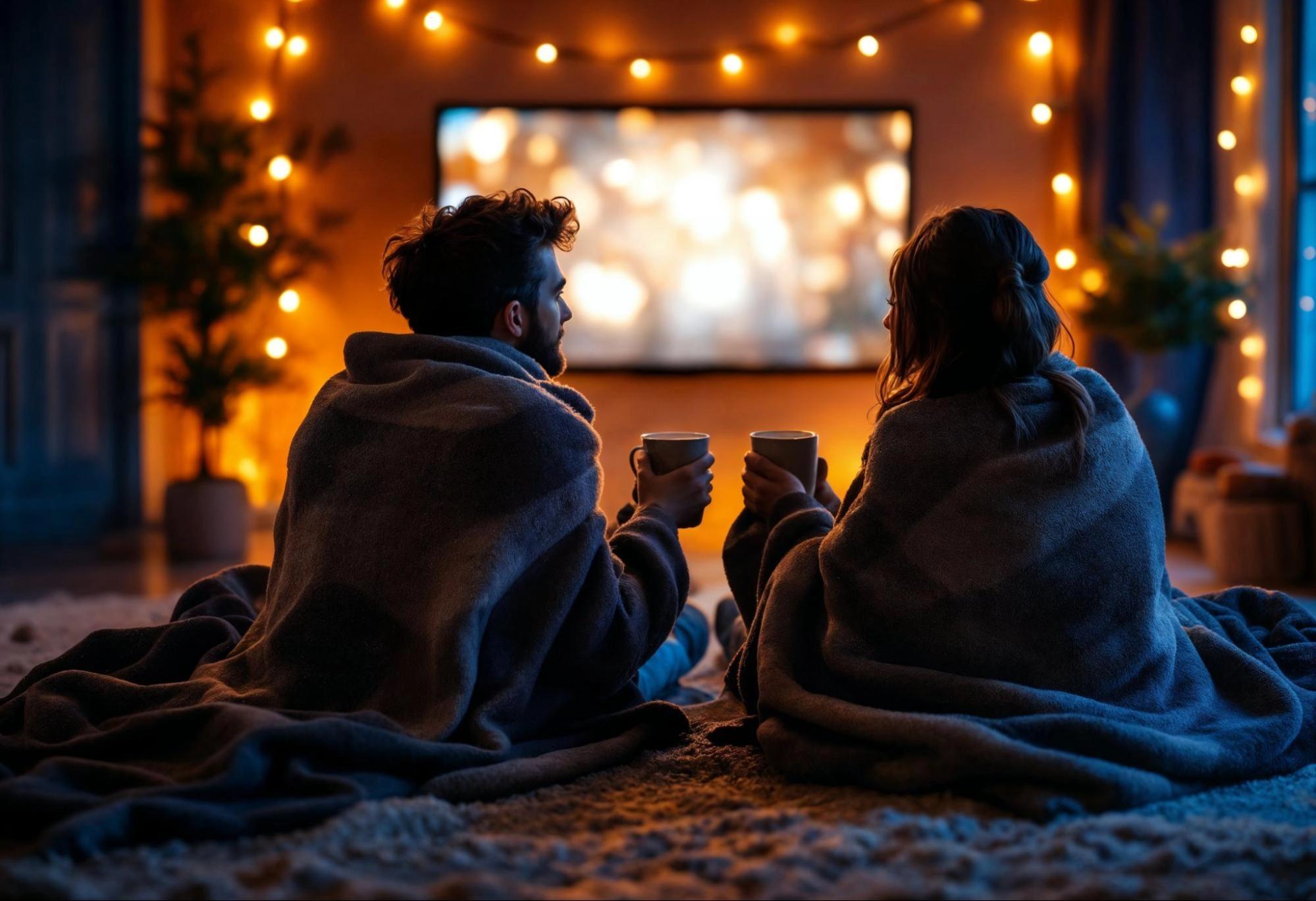 A couple bundled up with cozy blankets and drinking hot chocolate while watching movies, which is one of the best winter date activities for couples.