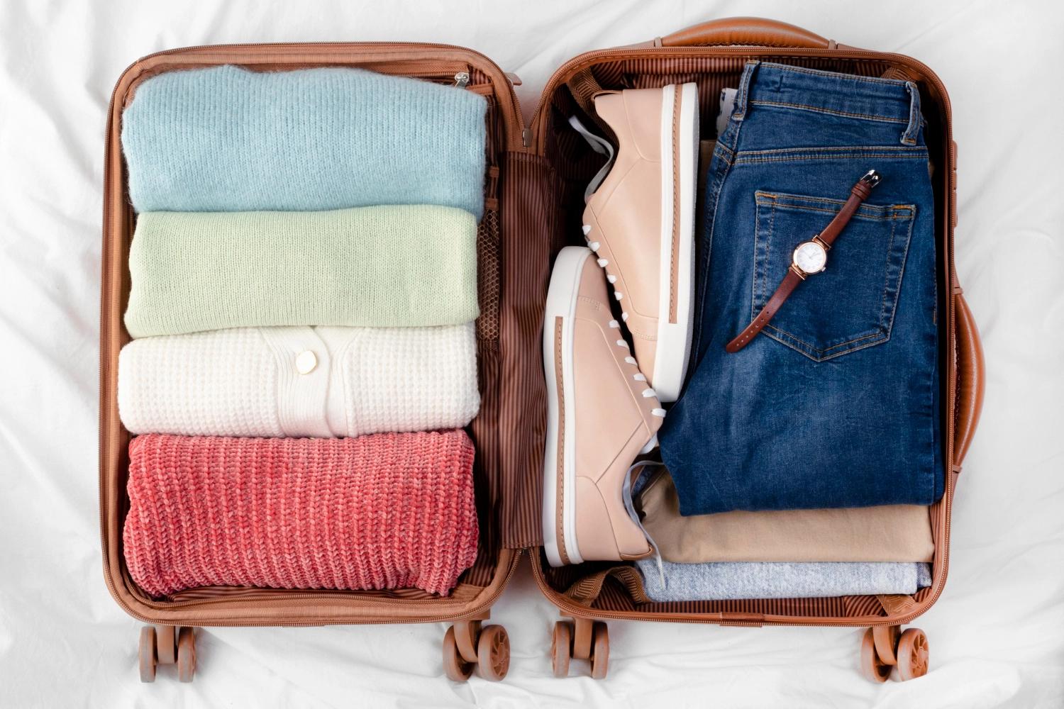 A small luggagge packed with clothes and sneakers, everything that is needed for a winter weekend getaway.