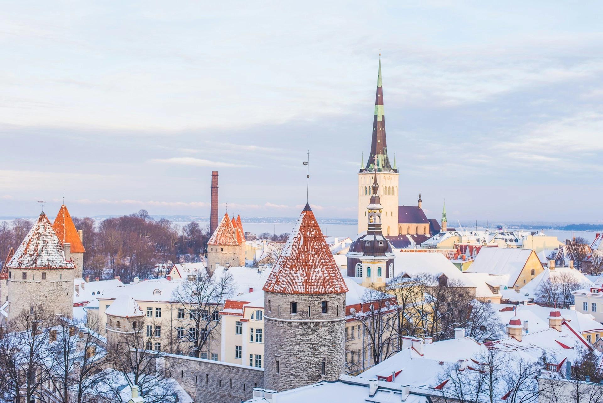A paronamic view of snowy Tallinn, Estonia, which is one of the best winter weekend getaways for couples.