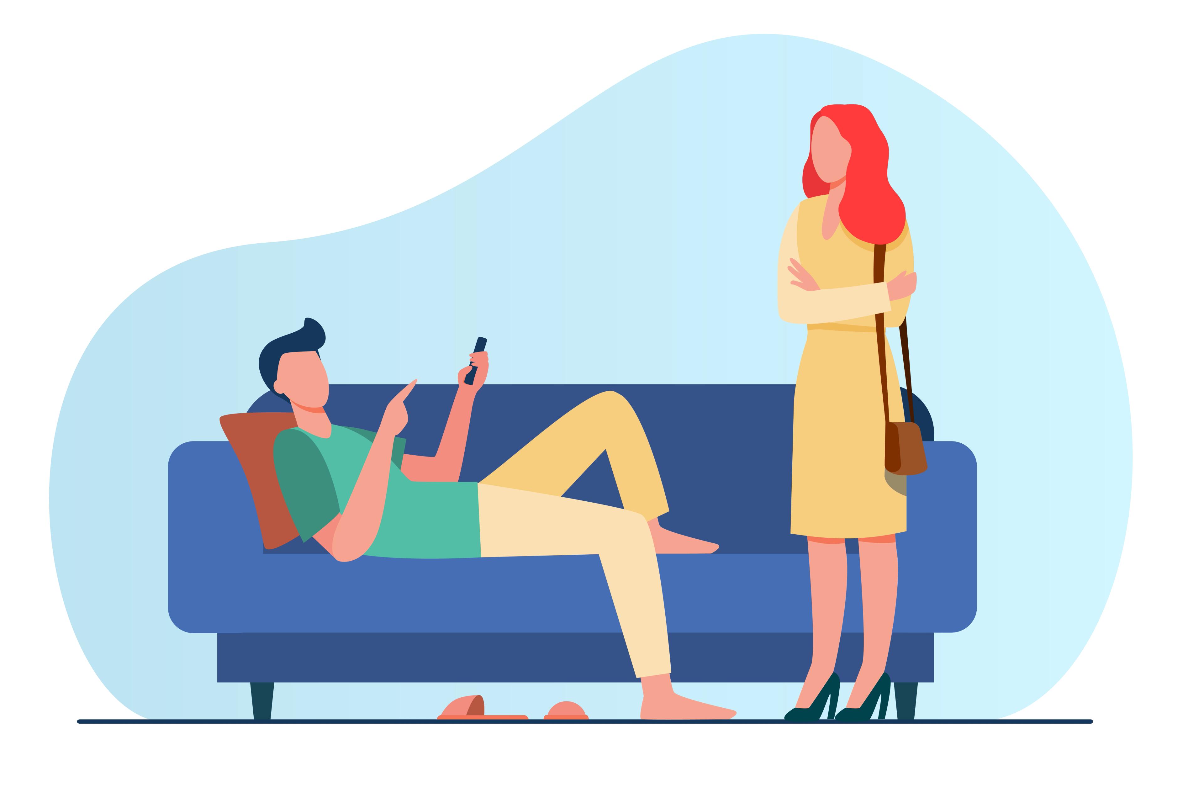 Illustration of a couple, with one partner laying on the sofa and looking at his phone and the other watching him with disappointment, representing a good example of turn on and offs.